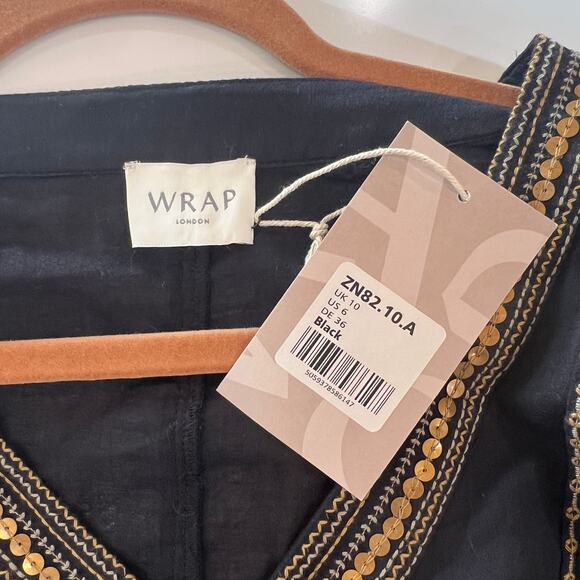 Wrap London Godet Cotton Sequin Bell Sleeve V Neck Blouse Sz 6 Black Gold - Picture 3 of 10